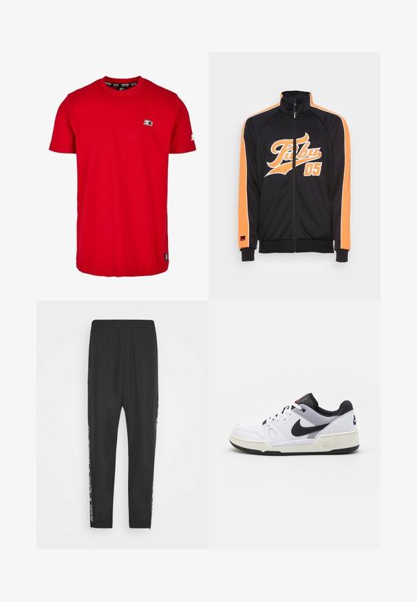 Chaqueta de entrenamiento negra con detalles en naranja, con un cuello alto, cremallera completa y un audaz gráfico "FUBU 05" en el frente. Textura de tela suave.; Camisa de algodón roja con cuello redondo, mangas cortas y un pequeño logo negro en el lado izquierdo del pecho y en la manga. Tejido de color sólido y suave.; Pantalones deportivos negros con cintura elástica, perneras ajustadas y franjas laterales contrastantes con un diseño gráfico. Textura suave y tejido ligero.; Zapatilla blanca con acentos negros, paneles grises y una suela de goma texturizada. Presenta un diseño con cordones y el logo de Nike en el costado y en la parte trasera.