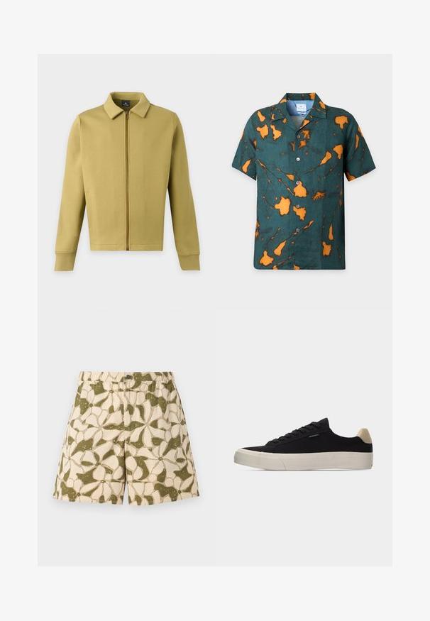 Veste zippée vert olive clair avec col, manches longues et poches avant simples sur fond uni.; Chemise à manches courtes boutonnée avec fond vert et motif floral abstrait orange.; Short beige et vert à motif floral avec taille élastique et fermeture à boutons sur le devant, présenté sur un fond uni.; Baskets basses noires avec languette beige au talon, semelle en caoutchouc blanche épaisse, lacets noirs et petite étiquette "PS Paul Smith" sur le côté.