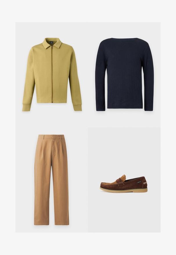 Lys olivengrøn lynlåsjakke med krave, lange ærmer og simple forlommer på ensfarvet baggrund.; Mørkeblå ribstrikket langærmet sweater med rund halsudskæring, vist fladt på lys baggrund.; Brune, brede bukser lavet af glat stof. Har høj talje med folder, bæltestropper og en enkelt frontlomme.; Brune suedetøfler med en tan læderdetalje, gummisål og dekorativ syning. Har slip-on design og præget branding på siden.