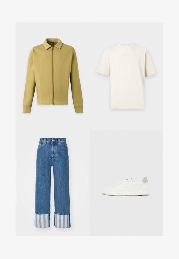 Hellolivgrüne Zip-Up-Jacke mit Kragen, langen Ärmeln und einfachen Vordertaschen auf einfarbigem Hintergrund.; Kurzärmeliges T-Shirt in cremefarben mit Rundhalsausschnitt und dezentem, geprägtem Logo auf der Brust, vor hellem grauem Hintergrund präsentiert.; Weite Denim-Jeans in Mittelblau, mit einem Saum in Blau- und Weißstreifen. Klassisches Fünf-Taschen-Design mit Knopfverschluss.; Weißer Sneaker mit niedrigem Schaft, grauem Fersenlaschen, weißen Schnürsenkeln und einer strukturierten Sohle, dargestellt vor einem schlichten hellen Hintergrund.