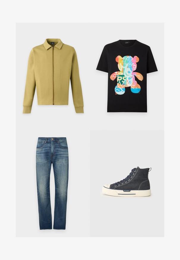 Chaqueta verde oliva clara con cremallera, cuello, mangas largas y bolsillos frontales simples sobre un fondo liso.; Camiseta negra de manga corta con un gráfico colorido de un osito de peluche que presenta patrones abstractos de estilo graffiti y letras en la parte delantera.; Vaqueros de mezclilla azul oscuro con diseño de pierna recta, que presentan un desgaste ligero, cinco bolsillos y cierre de botón en la cintura.; Zapatillas altas de denim oscuro con suela de goma crema, con cordones en navy y una pestaña trasera para tirar. Logo en el lateral.