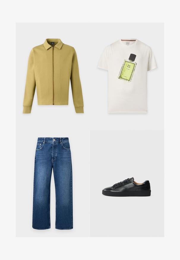 Veste zippée vert olive clair avec col, manches longues et poches avant simples sur fond uni.; T-shirt blanc à manches courtes avec un grand motif d’une bouteille de Cologne verte portant l’étiquette Paul Smith London sur le devant.; Jean denim bleu à jambes larges, taille haute, fermeture à boutons et poches avant sur un fond clair uni.; Baskets en cuir noir avec une texture lisse, bout rond et fermeture à lacets. Comprend une semelle en caoutchouc épaisse et un minimum de détails de marque.