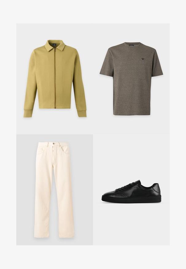 Lys olivengrøn lynlåsjakke med krave, lange ærmer og simple forlommer på ensfarvet baggrund.; Herre T-shirt med korte ærmer og rund hals i struktureret olivengrøn med lille sort logo på venstre bryst.; Lys beige denim jeans med en lige ben design, fem lommer og en frontlukning med knap. Syninger synlige langs sømmene.; Svært lavprofileret sort lædersneaker med snørebånd foran og tekstureret flad sål, vist fra siden på en neutral baggrund.