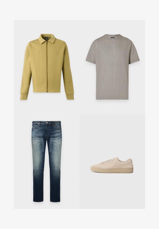 Veste zippée vert olive clair avec col, manches longues et poches avant simples sur fond uni.; T-shirt beige à manches courtes avec motif chevron en zigzag noir, col rond, présenté sur fond blanc.; Jean droit bleu pour hommes avec décoloration sur les cuisses et les genoux, fermeture avant par bouton et fermeture éclair, et design à cinq poches.; Baskets en daim beige avec un bout rond, des lacets plats et une semelle en caoutchouc texturé. Design minimaliste avec des bords lisses et des coutures discrètes.