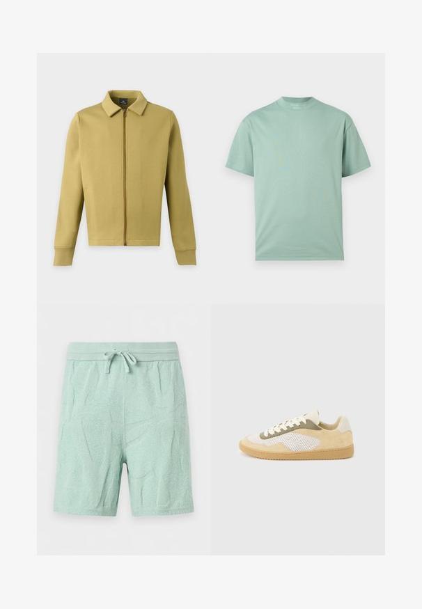 Veste zippée vert olive clair avec col, manches longues et poches avant simples sur fond uni.; T-shirt uni vert clair à manches courtes avec col rond et coupe décontractée, présenté sur fond blanc.; Shorts en éponge vert clair avec taille élastique et cordon, avec des motifs de feuilles texturés discrets.; Baskets basses en daim beige, panneaux en maille blanche, accents olive, lacets blancs et semelle en caoutchouc naturel sur fond gris clair.