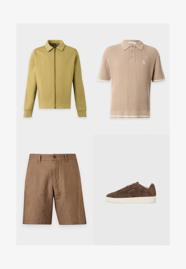 Veste zippée vert olive clair avec col, manches longues et poches avant simples sur fond uni.; Polo en maille côtelée beige à manches courtes avec trois boutons, petit logo brodé sur la poitrine et finition blanche aux manches et à l'ourlet.; Short marron décontracté longueur genou avec passants de ceinture, fermeture par bouton et poches avant, en tissu texturé.; Baskets en daim marron avec une silhouette basse, un bout arrondi et une semelle en caoutchouc blanc. Elles présentent des lacets foncés et un logo discret sur le côté.