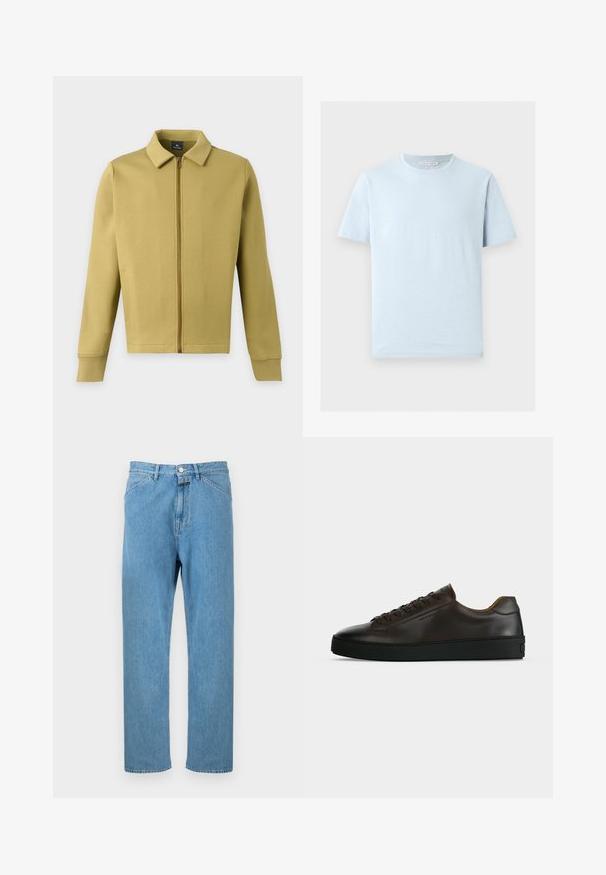 Veste zippée vert olive clair avec col, manches longues et poches avant simples sur fond uni.; T-shirt en coton bleu clair à manches courtes avec un col rond et un ourlet droit, présenté sur un fond clair uni.; Jean en denim bleu clair avec une coupe droite, un style cinq poches et une fermeture par bouton à la taille. Aucun motif ni ornement visible.; Baskets basses en cuir marron foncé avec semelle en caoutchouc noire, lacets à l'avant et design minimaliste épuré sur fond clair.