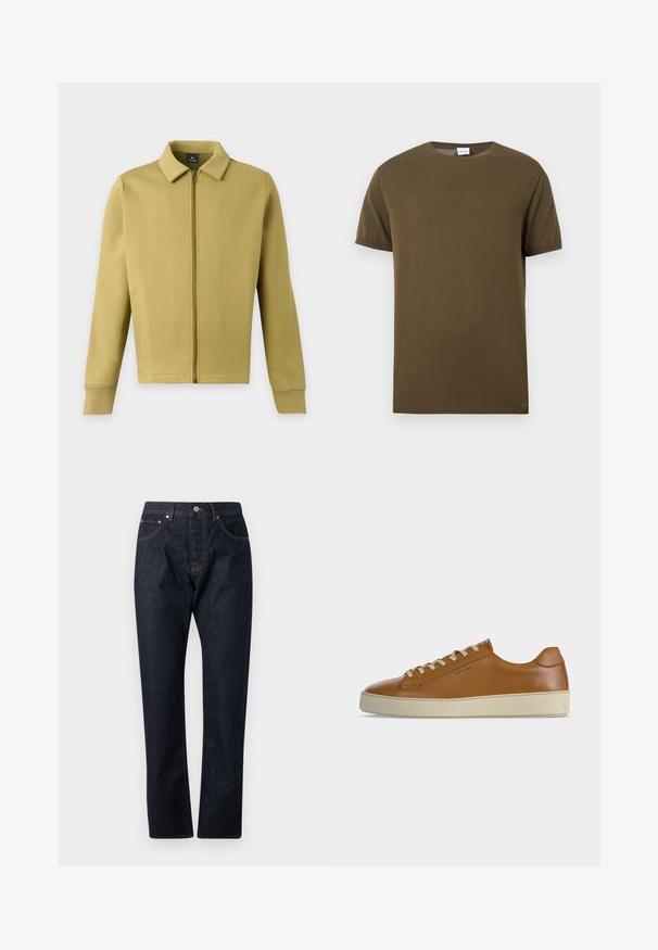 Veste zippée vert olive clair avec col, manches longues et poches avant simples sur fond uni.; T-shirt à manches courtes et col rond de couleur vert olive avec une texture lisse et unie, présenté sur un fond blanc.; Jean en denim bleu foncé à jambes droites avec un design à cinq poches et fermeture à boutons, vu de face sur un fond clair.; Baskets basses en cuir marron avec lacets crème et semelle épaisse en caoutchouc crème, vues de profil sur fond blanc.