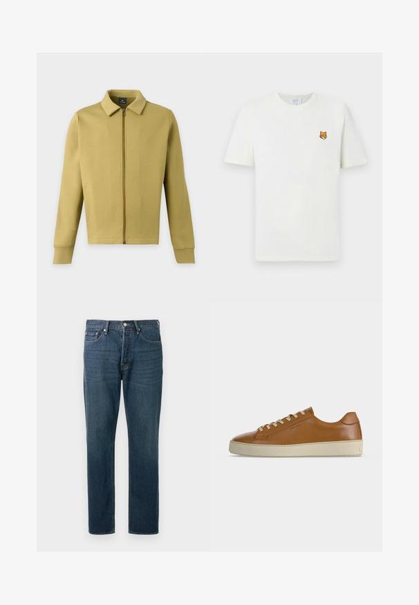 Lys olivengrøn lynlåsjakke med krave, lange ærmer og simple forlommer på ensfarvet baggrund.; Hvid t-shirt med korte ærmer og et lille broderet orange rævehoved-logo på venstre bryst.; Mørkeblå denimjeans med straight ben, fem lommer og synlige sømme. Har en metalknap og lynlåslukning.; Lavtop brun læder sneaker med cremefarvede snørebånd og tyk cremefarvet gummisål vist i sideprofil på hvid baggrund.