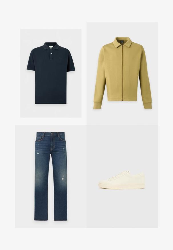 Light olive green zip-up jacket with collar, long sleeves, and simple front pockets on a plain background.; Navy blue short-sleeve polo shirt with two white buttons and a small embroidered logo on the chest against a plain white background.; Blue denim jeans with a straight-leg design, featuring light distressing and fading, five pockets, and a button closure at the waist.; Cream-colored sneaker with a smooth leather upper, rounded toe, lace-up front, and a textured rubber sole. Minimalist design, no logos.