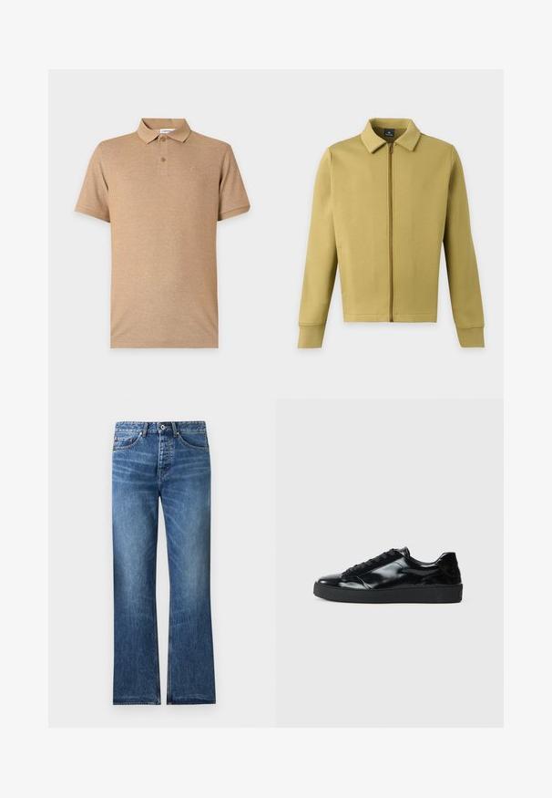 Veste zippée vert olive clair avec col, manches longues et poches avant simples sur fond uni.; Polo beige à manches courtes avec deux boutons et un logo brodé discret sur la poitrine gauche, présenté sur un fond uni.; Jean en denim bleu avec une coupe droite, cinq poches, fermeture par bouton et zip, et légère décoloration sur les cuisses et les genoux.; Baskets en cuir verni noir avec un bout arrondi, un laçage, une semelle en caoutchouc texturé et une finition lisse.