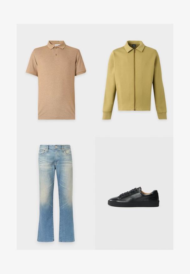 Veste zippée vert olive clair avec col, manches longues et poches avant simples sur fond uni.; Polo beige à manches courtes avec deux boutons et un logo brodé discret sur la poitrine gauche, présenté sur un fond uni.; Jean évasé en denim bleu clair avec une finition délavée, design à cinq poches, fermeture par bouton en métal et ourlets droits.; Baskets en cuir noir avec une texture lisse, bout rond et fermeture à lacets. Comprend une semelle en caoutchouc épaisse et un minimum de détails de marque.