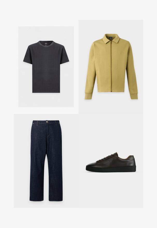 Veste zippée vert olive clair avec col, manches longues et poches avant simples sur fond uni.; T-shirt noir uni à manches courtes, col rond, coupe décontractée, présenté sur un fond clair. Aucun logo ou motif visible.; Jean en denim bleu foncé à jambes droites avec bouton à l'avant, fermeture éclair, passants pour ceinture et poches, présenté sur un fond uni.; Baskets basses en cuir marron foncé avec semelle en caoutchouc noire, lacets à l'avant et design minimaliste épuré sur fond clair.