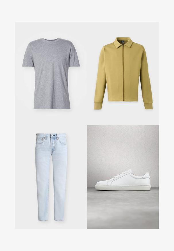 Hellolivgrüne Zip-Up-Jacke mit Kragen, langen Ärmeln und einfachen Vordertaschen auf einfarbigem Hintergrund.; Graues, kurzärmliges T-Shirt aus einem Baumwollmischgewebe, das über einen klassischen Rundkragen verfügt und eine glatte, weiche Textur aufweist.; Hellblaue gerade geschnittene Jeans mit vorderen Taschen und Knopfverschluss, dargestellt vor schlichtem weißen Hintergrund.; Weißer Sneaker mit glattem Lederobermaterial und niedrigem Profil. Verfügt über eine runde Zehenpartie, sechs Ösen und eine strukturierte Gummisohle.