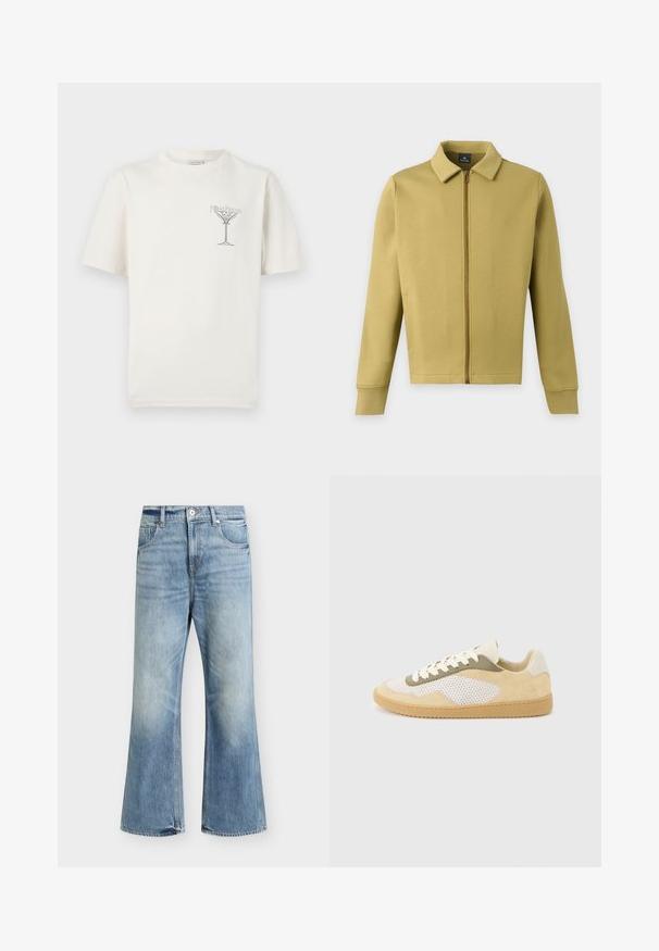 Veste zippée vert olive clair avec col, manches longues et poches avant simples sur fond uni.; T-shirt en coton couleur crème avec manches courtes, col rond, et un design graphique avec un texte stylisé et un motif d'arbre abstrait.; Jean bleu clair taille haute jambe large, fermeture devant par bouton et zip, deux poches avant et délavage subtil sur les cuisses et les genoux.; Baskets basses en daim beige, panneaux en maille blanche, accents olive, lacets blancs et semelle en caoutchouc naturel sur fond gris clair.