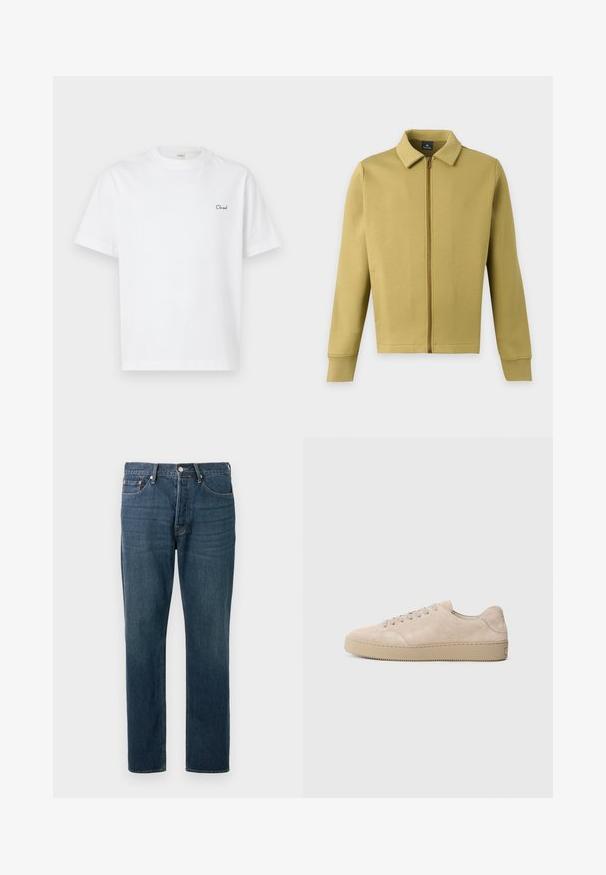 Veste zippée vert olive clair avec col, manches longues et poches avant simples sur fond uni.; T-shirt blanc en coton avec manches courtes et col ras du cou, arborant un petit logo texte noir "Cloud" brodé sur le côté gauche de la poitrine.; Jean en denim bleu foncé avec une coupe droite, cinq poches et des coutures apparentes. Doté d'un bouton en métal et d'une fermeture éclair.; Baskets en daim beige avec un bout rond, des lacets plats et une semelle en caoutchouc texturé. Design minimaliste avec des bords lisses et des coutures discrètes.