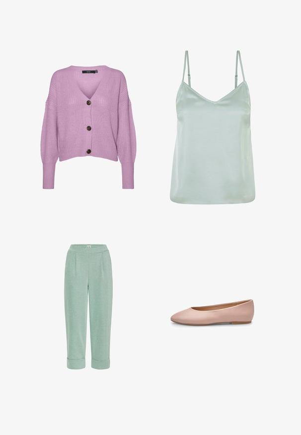 Vero Moda VMLEA V NECK CUFF CARDIGAN - Strickjacke - pastel lavender; Hellgrüne Satin-Camisole mit verstellbaren dünnen Trägern und V-Ausschnitt, ausgestattet mit einer glatten Textur und einem entspannten Schnitt.; Hellgrüne, kurz geschnittene Hose mit weicher Textur, die über umgeschlagene Säume und Frontfalten verfügt, entworfen für Komfort und Freizeitkleidung.; Rosa Leder-Ballerina mit spitz zulaufender Zehenpartie, glatter Textur, minimalen Akzenten und einer durchgehenden hellbraunen Sohle. Einfaches Design, ohne Verzierungen.