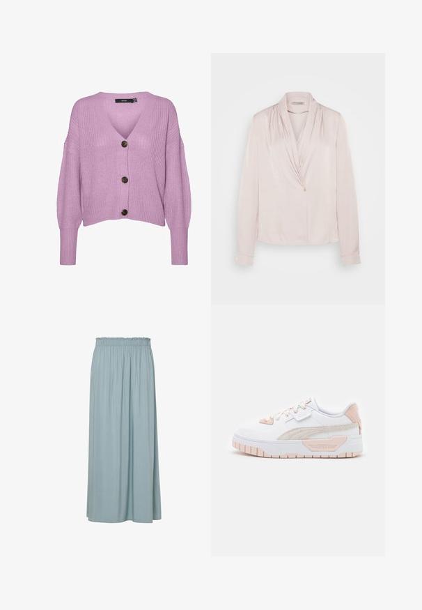 Vero Moda VMLEA V NECK CARDIGAN - Gilet - pastel lavender; Blouse longue à manches en rose clair avec un col drapé, texture lisse et fermeture à un bouton à l'avant. Tissu doux, coupe décontractée.; Jupe maxi bleu clair avec une taille élastique froncée, fabriquée en tissu doux, présentant des plis verticaux pour la texture et le mouvement.; Baskets blanches avec accents roses. Tige lisse en synthétique, bande latérale texturée, bout rond, semelle en caoutchouc plate et fermeture à lacets.