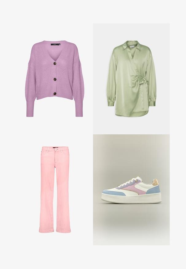 Vero Moda VMLEA V NECK CARDIGAN - Gilet - pastel lavender; 2nd Day DARSHA WAVES - Blouse - sage green; Jean droit rose clair avec poches avant, passants de ceinture et fermeture à bouton à la taille.; Baskets à plateforme blanches avec des panneaux en bleu pastel, rose et lavande, lacets blancs, et détail métallique doré au talon sur fond uni.