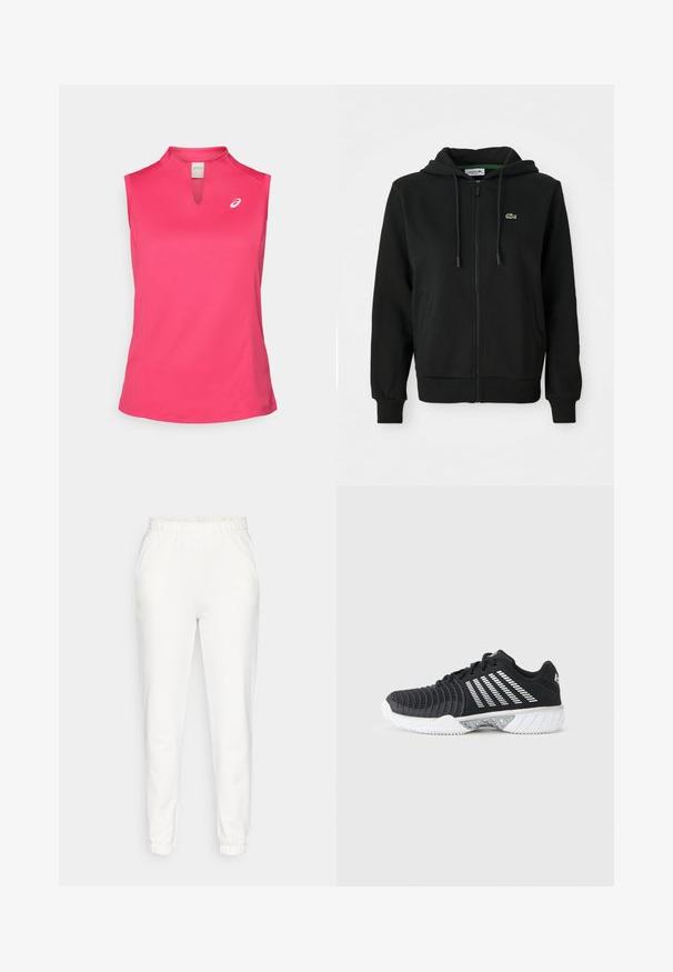 Schwarzer Reißverschluss-Hoodie aus weichem Stoff. Mit einer Kapuze mit Kordelzug, gerippten Bündchen, Seitentaschen und einem kleinen grünen Logo auf der Brust.; ASICS COURT TANK - Top - bright rose; Weiße, schmal zulaufende Sweatpants mit elastischem Bund und Bündchen, ausgestattet mit seitlichen Taschen, vor einem schlichten Hintergrund präsentiert.; Schwarzer Sportschuh mit weißer Griffigkeitssohle, diagonalen weißen Streifen an der Seite, strukturiertem Zehenschutz und Schnürverschluss vor grauem Hintergrund.