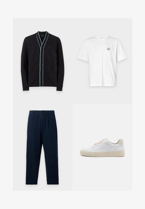 Sort cardigan med sjalskrave, prydet med kontrasterende lyseblå og hvide striber, seks sorte knapper og et lille broderet logo.; Hvid t-shirt lavet af bomuld med korte ærmer, rund halsudskæring og et lille gråt logo på venstre brystområde. Glat tekstur.; CLOSED BLOMBERG - Baggy jeans - dark blue; Hvide sneakers med en glat læderoverdel, beige snørebånd og en tekstureret beige ruskindsheel-tab. Hævet sål for ekstra højde.