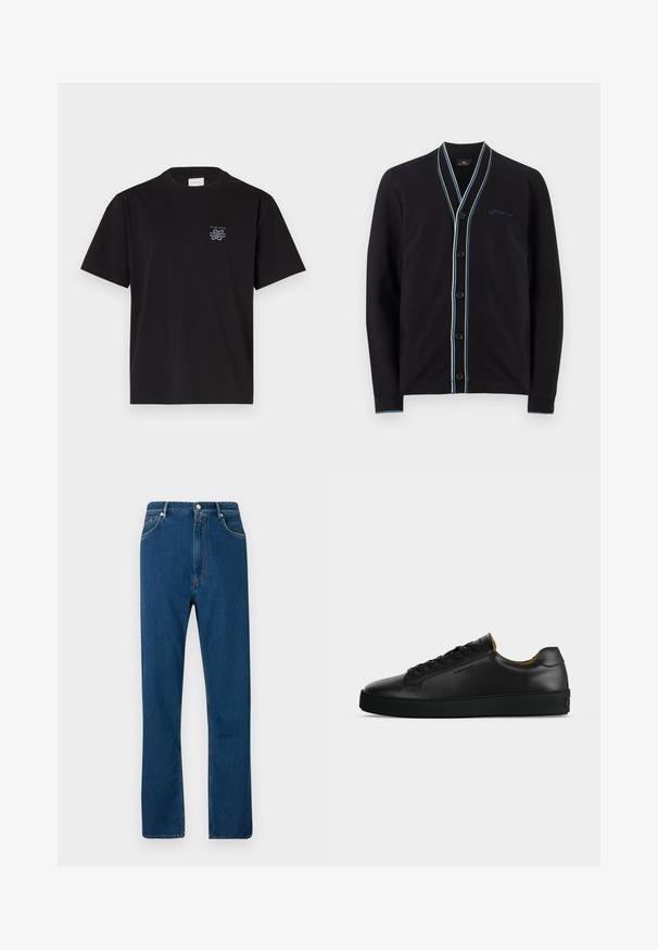 Sort cardigan med sjalskrave, prydet med kontrasterende lyseblå og hvide striber, seks sorte knapper og et lille broderet logo.; Sort bomulds t-shirt med rund hals og korte ærmer. Har et lille blåt logo på venstre bryst. Simpel, lige snit design.; Blå denimjeans med høj talje, lige ben, fem lomme-design og kontrasterende orange syninger. Glat tekstur.; Sort lavtopet læder-sneaker med sorte snørebånd, tekstureret gummisål og lille præget logo på siden, vist i profil mod grå baggrund.