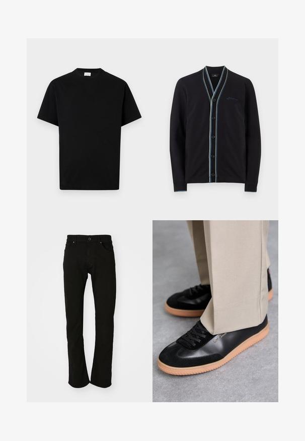 Sort cardigan med sjalskrave, prydet med kontrasterende lyseblå og hvide striber, seks sorte knapper og et lille broderet logo.; Sort bomuld t-shirt med rund hals, korte ærmer og lige snit. Ingen synlige mønstre eller hardwaredetaljer.; Sorte denim jeans med lige ben, der har et klassisk taljebånd, for- og baglommer samt en glat tekstur. Ingen synlige mønstre eller detaljer.; Paul Smith COMO - Sneakers - black