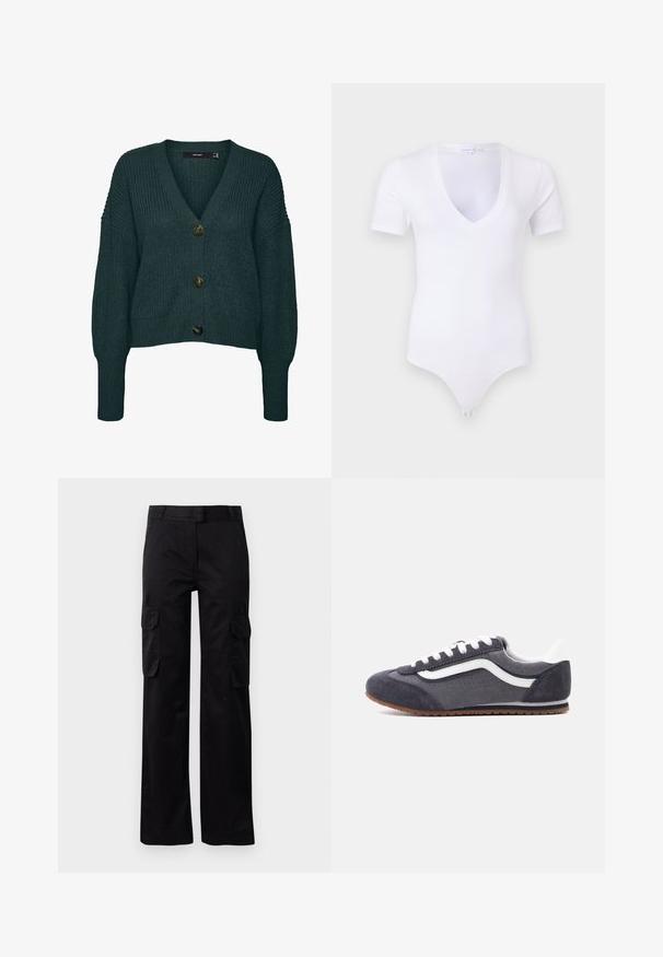 Mørkegrøn chunky strikket cardigan med tre store knapper, V-hals, lange ærmer samt ribkant ved ærmer og skørt.; Good American SUPER STRETCH DEEP V - T-shirts basic - white; Sorte cargo bukser lavet af slidstærkt stof, med to sidelommer og et lige ben-design. Glat tekstur med en klassisk pasform.; Grå og mørkegrå ruskindssneaker med hvide snørebånd, hvid hæl, hvid sideliste og brun gummisål, set fra siden.