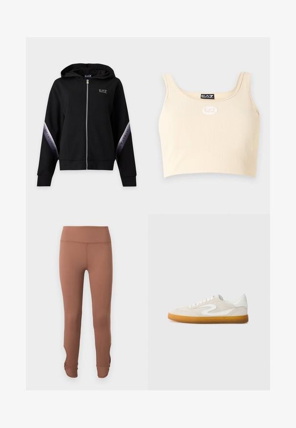 Sweat à capuche zippé noir avec fermeture éclair argentée et bandes argentées marquées sur les manches avec l'inscription EA7 Emporio Armani.; Débardeur court beige côtelé avec larges bretelles et logos EA7 Emporio Armani sur la poitrine et le col intérieur.; Leggings marron taille haute avec détails froncés à la cheville, présentés sur un fond clair uni.; Baskets en daim beige avec des accents en cuir blanc, semelle en caoutchouc naturel et bout rond. Présente un design distinct en forme de virgule sur le côté.