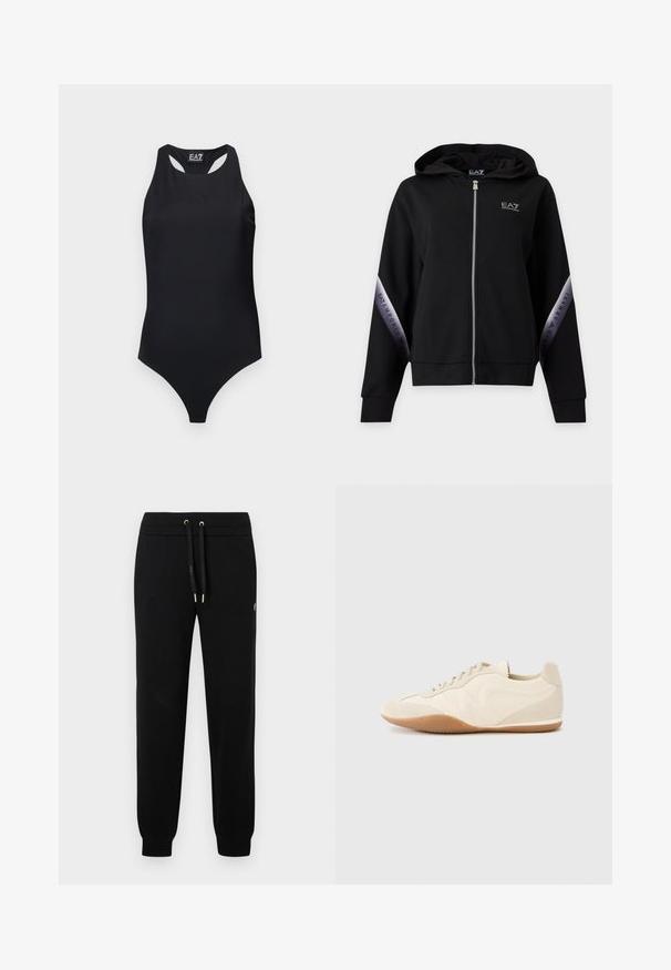 Sweat à capuche zippé noir avec fermeture éclair argentée et bandes argentées marquées sur les manches avec l'inscription EA7 Emporio Armani.; Body noir une pièce sans manches avec dos nageur et logo EA7 Emporio Armani subtilement embossé sur la poitrine.; Pantalons de jogging noirs avec taille élastique et cordon de serrage, poignets côtelés, et détail de logo subtil sur la jambe.; Baskets beige clair avec une tige en cuir texturé, des panneaux latéraux texturés et une semelle en caoutchouc. Dotées d'un design fin et épuré ainsi que de lacets plats.
