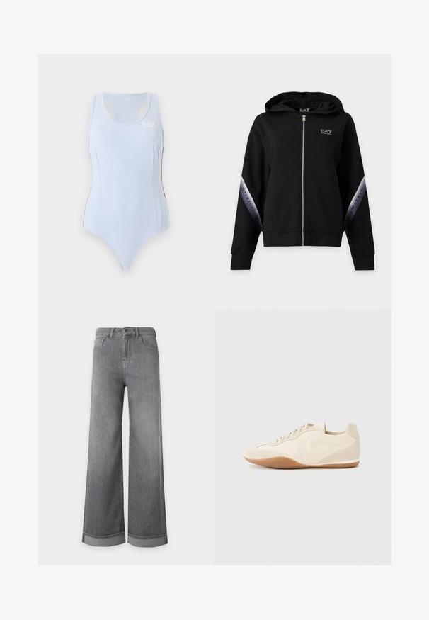 Sweat à capuche zippé noir avec fermeture éclair argentée et bandes argentées marquées sur les manches avec l'inscription EA7 Emporio Armani.; Justaucorps de sport bleu clair sans manches avec dos nageur et petit logo blanc EA7 sur le haut du côté gauche de la poitrine.; Jean gris taille haute à jambes larges, cinq poches, fermeture à bouton et ourlets retournés, présenté sur un fond blanc uni.; Baskets beige clair avec une tige en cuir texturé, des panneaux latéraux texturés et une semelle en caoutchouc. Dotées d'un design fin et épuré ainsi que de lacets plats.
