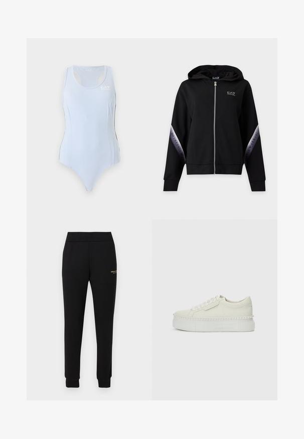 Sweat à capuche zippé noir avec fermeture éclair argentée et bandes argentées marquées sur les manches avec l'inscription EA7 Emporio Armani.; Justaucorps de sport bleu clair sans manches avec dos nageur et petit logo blanc EA7 sur le haut du côté gauche de la poitrine.; Pantalon de survêtement noir fuselé avec taille et poignets élastiques, présentant un petit logo doré "Armani Exchange" sur la cuisse droite.; Baskets plateforme blanches avec bordure en perles autour de la semelle et lacets en ruban de satin sur un fond blanc uni.