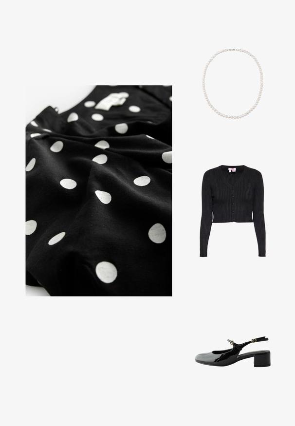 Cardigan court en maille côtelée noire avec manches longues, col en V et cinq boutons sur le devant, taille petite.; Next V-NECK PUFF SLEEVE MINI - Robe chemise - black spot; Chaussure slingback en cuir verni noir avec un petit talon bloc et deux brides à boucle dorée.; Collier de perles à un rang avec des perles blanches rondes et un petit fermoir argenté, présenté sur fond blanc.