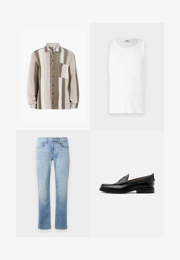 Gestreept shirt in bruin, crème en wit, met een gestructureerde stof, kraagontwerp, sluiting met knopen aan de voorkant en een borstzak.; Witte katoenen mouwloze tanktop met een ronde halslijn en een gladde textuur. Eenvoudig ontwerp, geen patronen of accenten.; Lichtblauwe denim jeans met een rechte pasvorm, vijf zakken, zichtbare stiksels en een vervaagde afwerking nabij de dijen en knieën.; Zwarte leren herensloffen met moc toe stiksel, pennyriem, gestructureerde kraag en lage gestapelde hak op witte achtergrond.