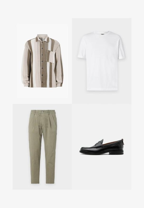 Camisa a rayas que presenta colores marrón, crema y blanco, con una tela texturizada, diseño con cuello, cierre frontal de botones y un bolsillo en el pecho.; Camiseta de algodón blanca con cuello redondo, mangas cortas y puños enrollados; diseño sin adornos, textura suave y corte recto.; Pantalones verde claro, ajustados y de tiro recto, hechos de una tela texturizada, con cierre de botón, frente con pliegues y bolsillos laterales.; Mocasín de hombre de piel negra con costura moc toe, tira penny, cuello texturizado y tacón bajo apilado sobre fondo blanco.