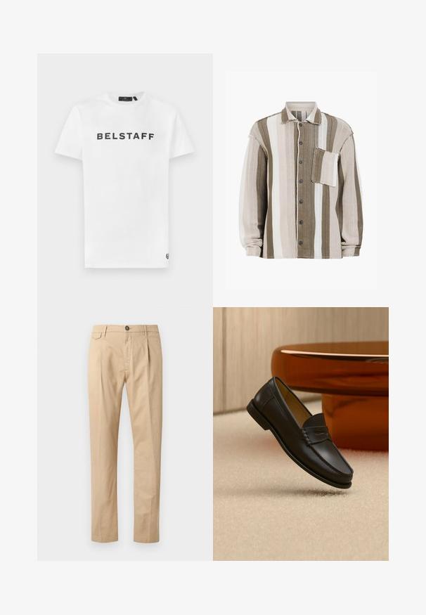 Gestreept shirt in bruin, crème en wit, met een gestructureerde stof, kraagontwerp, sluiting met knopen aan de voorkant en een borstzak.; Witte katoenen t-shirt met een zwart 'BELSTAFF' logo op de voorkant. Klassieke ronde hals en korte mouwen met een klein logo detail op de zoom.; Beige katoenen herenrechtpijpspantalon met voorzakken, riemlussen, knoopsluiting en ritssluiting op een witte achtergrond.; Zwarte leren loaferschoen zwevend boven een beige tapijt met amberkleurige moderne meubels op de achtergrond.