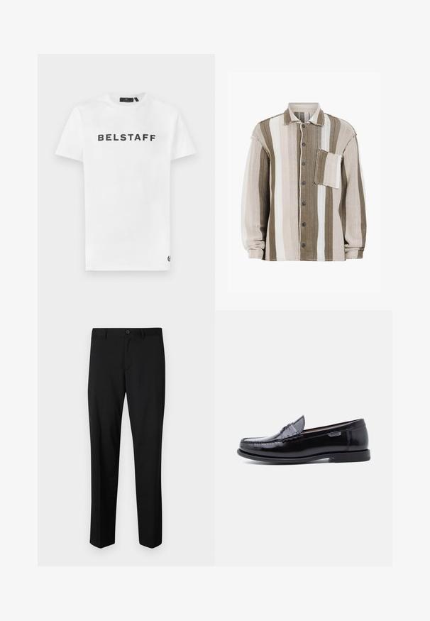 Stribet skjorte i brune, cremefarvede og hvide nuancer, tekstureret stof, krave-design, frontknaplukning og en brystlomme.; Hvid bomulds t-shirt med et sort "BELSTAFF" logo på forsiden. Klassisk crew neck og korte ærmer med en lille logodetalje på kanten.; Sorte skræddersyede bukser med flad front, standard talje og lige ben. Lavet af glat stof, med en enkelt knaplukning.; Sorte læderloafer med en blank finish, der har et syet mønster på tåen og en lav, tekstureret sort gummisål.