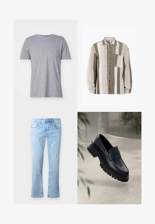 Stribet skjorte i brune, cremefarvede og hvide nuancer, tekstureret stof, krave-design, frontknaplukning og en brystlomme.; Grå, kortærmet t-shirt lavet af en bomuldsblanding, der har en klassisk crew neckline og en glat, blød tekstur.; Lyseblå denimjeans har en lige ben-design, fem lomme-styling og en knaplukning. Stoffet har en glat tekstur med falmede accenter.; Sorte læder loafers med en chunky sål, der har en dekorativ rem og syninger. Glat tekstur med en poleret overflade.