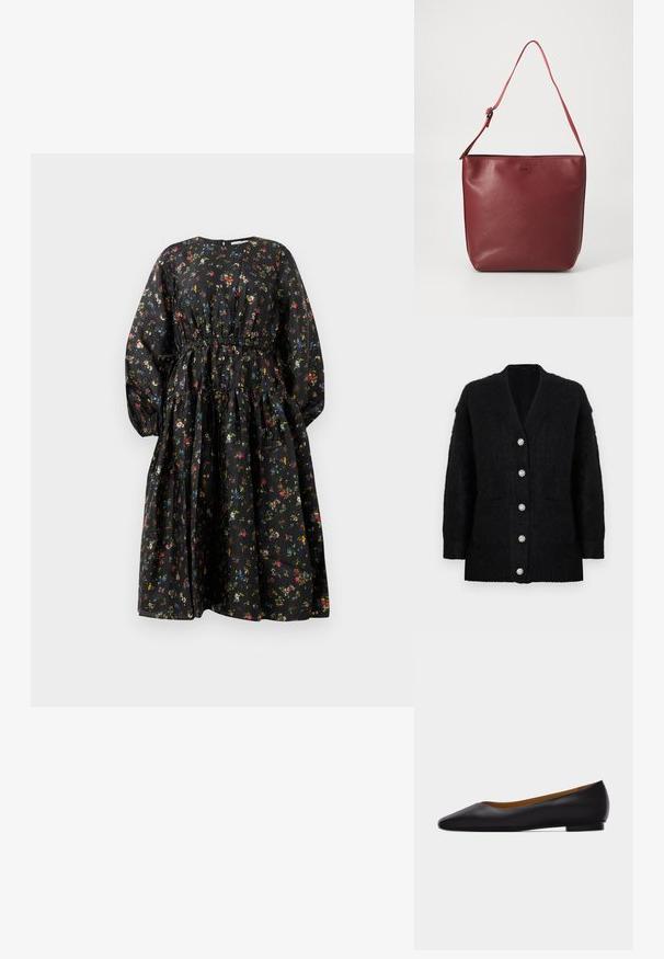 Zwarte cardigan gemaakt van zachte, gestructureerde stof met een diepe V-hals, zes sierknopen en twee zakken aan de voorkant.; Zwarte bloemenjurk met lange mouwen, ingezette taille en gelaagde rok. Heeft een kleurrijk bloemenpatroon en een gladde stoftextuur.; Zwarte leren puntschoen met lage hak en gladde afwerking, zijaanzicht op een lichtgrijze achtergrond.; Rode leren handtas met een gladde textuur, rechthoekige vorm en een verstelbare schouderband. Voorzien van een logo dat op de voorkant is geperst.