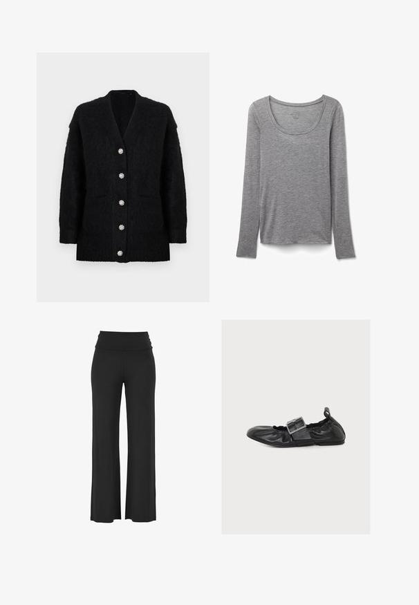 Sort cardigan lavet af blødt, tekstureret stof med dyb V-hals, seks dekorative knapper og to forlommer.; Grå langærmet crewneck trøje lavet af blødt stof, lagt fladt på en hvid baggrund, der viser frontudsigt og enkelt design.; Sorte, brede bukser med et højt, draperet talje bånd lavet af et blødt, strækbart materiale, der har glatte, jævne syninger og ingen synlige mønstre.; Sort læder flad sko med stor sølvspænde og elastiske sider på hvid baggrund.