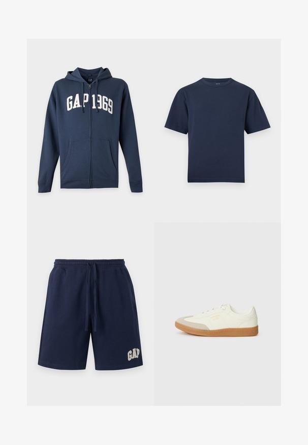 Φούτερ navy blue με φερμουάρ, εμπρόσθιες τσέπες, κουκούλα με κορδόνια και λευκό κείμενο "GAP 1969" στο στήθος.; Σκούρο μπλε, κοντομάνικο T-shirt με στρογγυλή λαιμόκοψη και κανονική εφαρμογή, εμφανίζεται μπροστά σε απλό ανοιχτό γκρι φόντο.; Σορτς σε ναυτικό μπλε χρώμα με κορδόνι και ελαστική μέση, με το λογότυπο "GAP" κεντημένο στο κάτω αριστερό πόδι.; Αθλητικά παπούτσια από λευκό δέρμα με μπεζ κάλυμμα δαχτύλων και ανοιχτό καφέ καουτσούκ σόλα. Έχουν επίπεδες λευκές κορδόνες και ανάγλυφο λογότυπο στο πλάι.