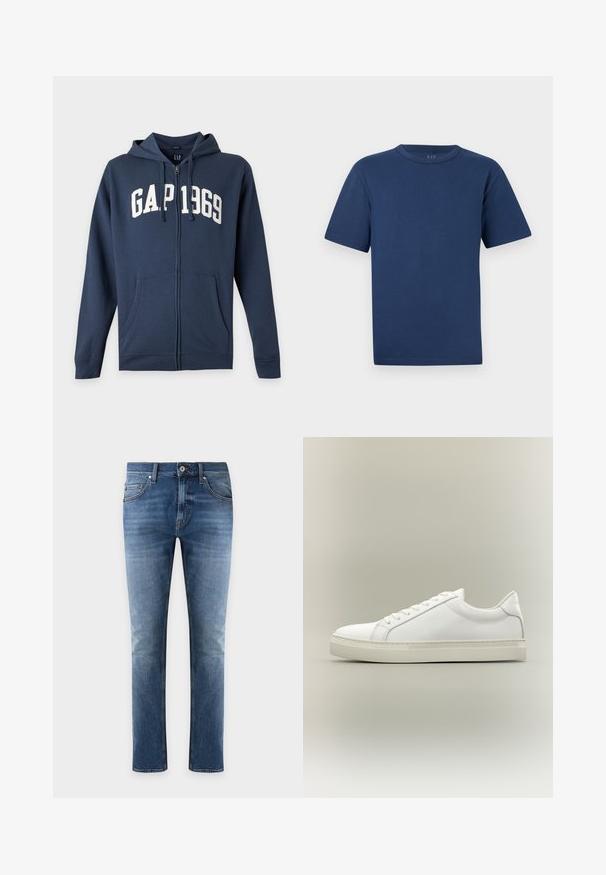 Marineblauwe hoodie met rits, voorzakken, capuchon met trekkoorden en witte "GAP 1969" tekst op de borst.; Donkerblauw katoenen T-shirt met korte mouwen en ronde hals, met een effen voorkant, weergegeven tegen een lichtgrijze achtergrond.; Blauwe slim-fit spijkerbroek met knoop en rits aan de voorkant, voor- en achterzakken, en lichte vervaging op de dijen en knieën.; Witte lage sneaker met veters aan de voorkant en dikke zool, zijaanzicht tegen een neutrale achtergrond.