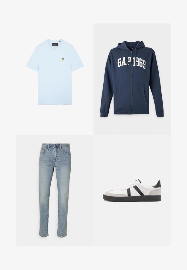 Navyblå hættetrøje med lynlås, forlommer, hætte med snore og hvid "GAP 1969" tekst på brystet.; Lyseblå bomulds t-shirt med rund halsudskæring, med en lille gul fuglelogo broderet på venstre bryst. Korte ærmer, ensfarvet.; GAP SOFT ALAMOSA - Jeans Slim Fit - light wash; Hvide sneakers med sorte og grå detaljer, med en tekstureret grå tåhætte, sort gummisål og flade hvide snørebånd. Rent design, minimalistisk stil.