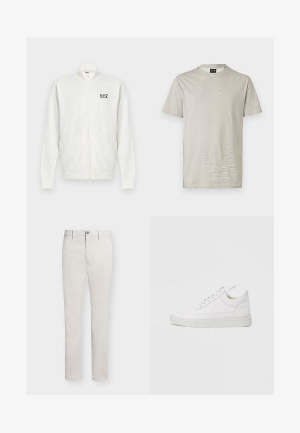 Veste blanche à fermeture éclair complète avec manches longues et logo EA7 Emporio Armani sur la poitrine gauche, col montant, poignets et ourlet côtelés.; T-shirt gris clair à manches courtes avec une texture en nid d'abeille et un col rond. Étiquette visible au niveau du col.; Pantalon beige slim homme avec passants de ceinture, fermeture par bouton et poches avant, présenté sur fond blanc.; Baskets en cuir blanc avec un embout arrondi, une semelle plate et un laçage à l'avant. Présentent des détails de couture et un col rembourré pour plus de confort.