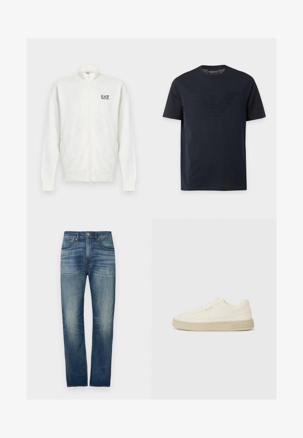 Hvid jakke med fuld lynlås, lange ærmer og EA7 Emporio Armani-logo på venstre bryst, ståkrave samt ribstrikkede manchetter og kant.; Sort T-shirt med korte ærmer og rund halsudskæring med et diskret præget ørnelogo på brystet og et mærke med brandnavn indeni kraven.; Mørkeblå denimjeans med straight ben, der har let falmet effekt, fem lommer og en knaplukning ved taljen.; Hvide kanvas sneakers med en tekstureret gummisål, der har en syet tåhætte og logoaccent på hælen. Simpel snørebåndsdesign.