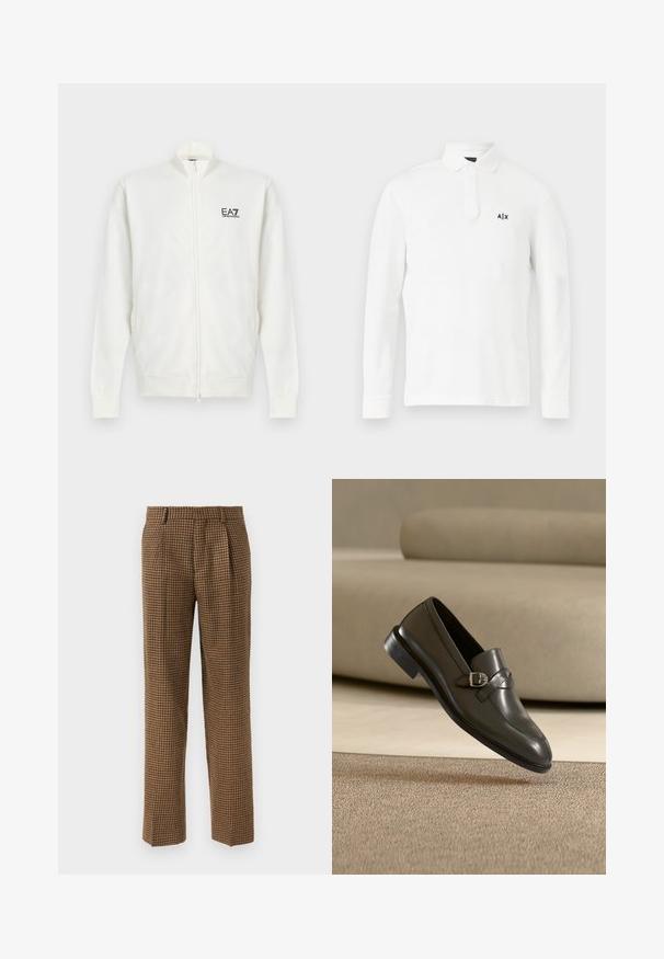 Valge täislukuga jope, pikkade varrukatega ja EA7 Emporio Armani logoga vasakul rinnal, püstkrae ning soonikuäärtega varrukad ja alumine serv.; Valge pikakäärtega polo särk, mis on valmistatud puuvillast, varustatud nööbitava kraega ja väikese musta logoga vasakul rinnal. Lihtne disain, ilma mustriteta.; Pruunil ruudulisel lõhul vabalt langevad püksid, millel on ees voldid, siledakvaliteediline kangas ja sirge säärekujundus.; Mustast nahast loafer pealise kinnitusega, mis hõljub beeži vaiba kohal, beeži diivani taust, näidates jalanõu tallat ja õmblusi.