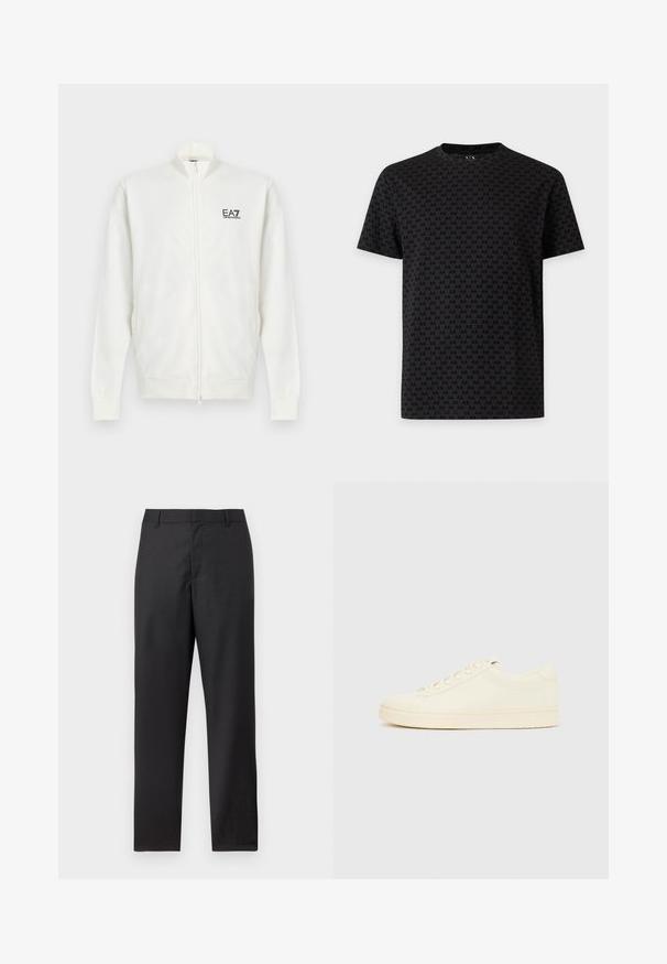 Veste blanche à fermeture éclair complète avec manches longues et logo EA7 Emporio Armani sur la poitrine gauche, col montant, poignets et ourlet côtelés.; T-shirt noir à manches courtes avec un motif répétitif de petits logos "AX" sur toute la surface et un col rond sur un fond clair uni.; Pantalon de costume noir à jambes droites, passants pour ceinture et fermeture frontale dissimulée, présenté sur un fond blanc.; Baskets couleur crème avec une tige en cuir lisse, bout arrondi, laçage à l'avant et semelle en caoutchouc texturée. Design minimaliste, sans logo.
