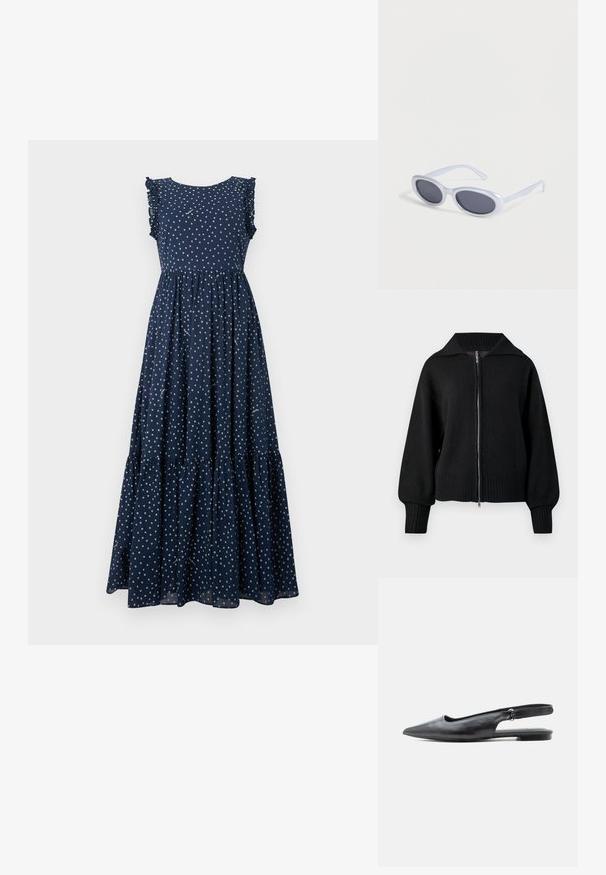 Musta neulevetoketjupaita, jossa on leveä kaulus, ribatut hihat ja ribattu helma.; Laabuhar sinin maxi dress dengan polka dot putih, lengan berombak, bodice pas, dan rok bertingkat yang mengalir. Terbuat dari kain ringan.; Musta nahkainen, kärjestä terävä slingback-mallinen tasapohjainen kengä, jossa matala korko ja säädettävä remmi vaalealla taustalla.; Valkoiset kehykset ovaalimuotoiset aurinkolasit, joissa on tummennetut linssit ja jotka lepäävät valkoisella pinnalla.