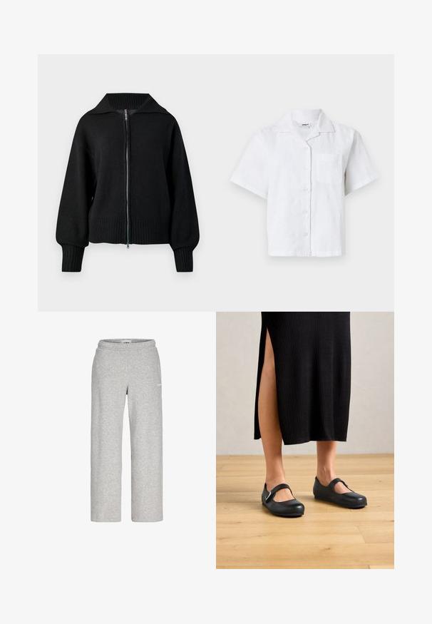 Sort strikjakke med lynlås, bred krave, ribbede manchetter og ribbet kant.; Kortærmet hvid skjorte med struktureret mønster, knaplukning foran og brystlomme. Fremstillet af let materiale med en afslappet pasform.; Lysegrå sweatpants med lige ben, elastisk talje og lille hvidt logo på øverste lår.; Kvinde i en sort ribbet midiskørt med sideslids iført sorte Mary Jane flade sko på et trægulv.