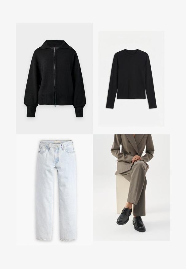 Schwarze Strickjacke mit Reißverschluss, breitem Kragen, gerippten Bündchen und geripptem Saum.; Schwarzes Langarmshirt mit rundem Ausschnitt und figurbetontem, schlichtem Design, dargestellt vor weißem Hintergrund.; Hellblaue, gerade geschnittene Jeans mit hoher Taille, die fünf Taschen, einen Knopfverschluss vorne und sichtbare Nähte aufweist.; Person trägt einen taupefarbenen Anzug, sitzt mit gekreuzten Beinen auf einem weißen Block und zeigt schwarze Schnürlederschuhe vor weißem Hintergrund.